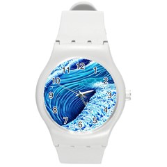 Simple Blue Ocean Wave Round Plastic Sport Watch (m) by GardenOfOphir