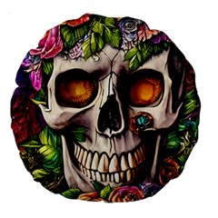 Gothic Skull With Flowers - Cute And Creepy Large 18  Premium Round Cushions by GardenOfOphir