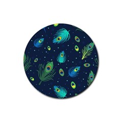 Blue Background Pattern Feather Peacock Rubber Round Coaster (4 Pack) by Semog4