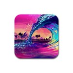 Retro Wave Ocean Rubber Square Coaster (4 pack) Front