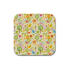 Nature Doodle Art Trees Birds Owl Children Pattern Multi Colored Rubber Square Coaster (4 Pack) by Salman4z