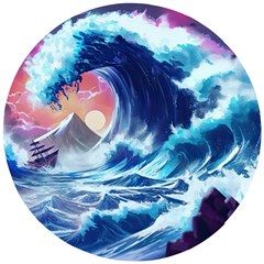 Storm Tsunami Waves Ocean Sea Nautical Nature Wooden Puzzle Round by Jancukart