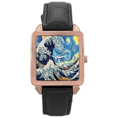 The Great Wave Of Kanagawa Painting Starry Night Van Gogh Rose Gold Leather Watch  by Sudheng