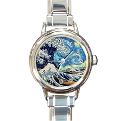 Starry Night Hokusai Van Gogh The Great Wave Off Kanagawa Round Italian Charm Watch by Sudheng