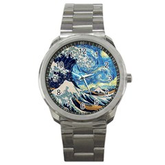 Starry Night Hokusai Van Gogh The Great Wave Off Kanagawa Sport Metal Watch by Sudheng