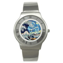 Starry Night Hokusai Van Gogh The Great Wave Off Kanagawa Stainless Steel Watch by Sudheng