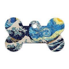 Starry Night Hokusai Van Gogh The Great Wave Off Kanagawa Dog Tag Bone (one Side) by Sudheng