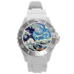 Starry Night Hokusai Van Gogh The Great Wave Off Kanagawa Round Plastic Sport Watch (l) by Sudheng