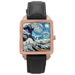 Starry Night Hokusai Van Gogh The Great Wave Off Kanagawa Rose Gold Leather Watch  by Sudheng