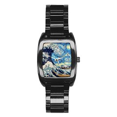 Starry Night Hokusai Van Gogh The Great Wave Off Kanagawa Stainless Steel Barrel Watch by Sudheng