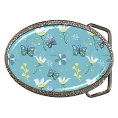 Butterflies Flowers Blue Background Spring Pattern Belt Buckles by Ravend