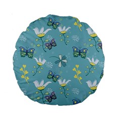 Butterflies Flowers Blue Background Spring Pattern Standard 15  Premium Round Cushions by Ravend