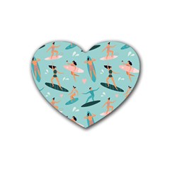 Beach-surfing-surfers-with-surfboards-surfer-rides-wave-summer-outdoors-surfboards-seamless-pattern- Rubber Coaster (heart) by Salman4z