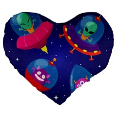 Cartoon-funny-aliens-with-ufo-duck-starry-sky-set Large 19  Premium Flano Heart Shape Cushions by Salman4z