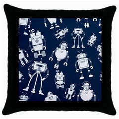 White-robot-blue-seamless-pattern Throw Pillow Case (black) by Salman4z