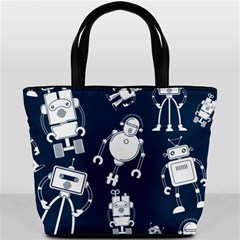 White-robot-blue-seamless-pattern Bucket Bag by Salman4z