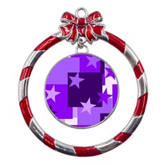 Purple Stars Pattern Shape Metal Red Ribbon Round Ornament by danenraven