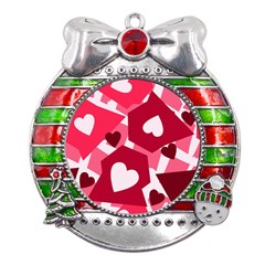 Pink Hearts Pattern Love Shape Metal X mas Ribbon With Red Crystal Round Ornament by danenraven