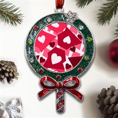 Pink Hearts Pattern Love Shape Metal X mas Lollipop With Crystal Ornament by danenraven