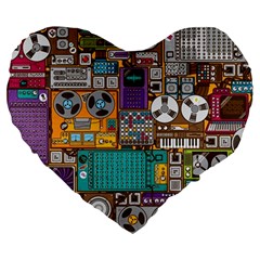 Pattern Design Art Techno Dj Music Retro Music Device Large 19  Premium Heart Shape Cushions by Bakwanart