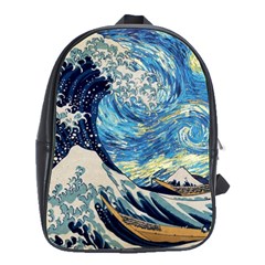 The Great Wave Of Kanagawa Painting Hokusai, Starry Night Vincent Van Gogh School Bag (large) by Bakwanart