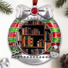 Assorted Title Of Books Piled In The Shelves Assorted Book Lot Inside The Wooden Shelf Metal X mas Ribbon With Red Crystal Round Ornament by 99art