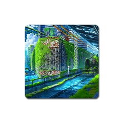 Anime Landscape Apocalyptic Ruins Water City Cityscape Square Magnet by 99art