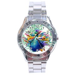 Bird-peafowl-painting-drawing-feather-birds Stainless Steel Analogue Watch by 99art