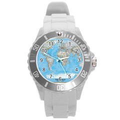 Blue White And Green World Map National Geographic Round Plastic Sport Watch (l) by B30l