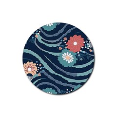 Waves Flowers Pattern Water Floral Minimalist Rubber Coaster (round) by Ndabl3x