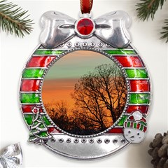 Twilight Sunset Sky Evening Clouds Metal X mas Ribbon With Red Crystal Round Ornament by Amaryn4rt