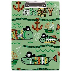 Seamless Pattern Fishes Pirates Cartoon A4 Acrylic Clipboard by uniart180623