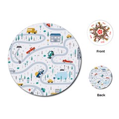 Cute-children-s-seamless-pattern-with-cars-road-park-houses-white-background-illustration-town Playing Cards Single Design (round) by uniart180623