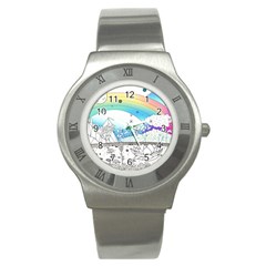 Rainbow Fun Cute Minimal Doodle Drawing Arts Stainless Steel Watch by uniart180623