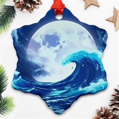 Waves Ocean Sea Tsunami Nautical Blue Snowflake Ornament (two Sides) by uniart180623