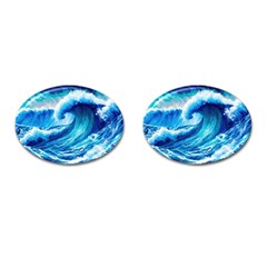 Tsunami Tidal Wave Ocean Waves Sea Nature Water Blue Painting Cufflinks (oval) by uniart180623