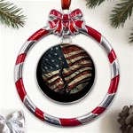 Flag Usa American Flag Metal Red Ribbon Round Ornament Front