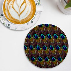 Peacock-feathers-bird-plumage Uv Print Round Tile Coaster by Ravend