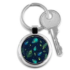 Blue Background Pattern Feather Peacock Key Chain (round) by uniart180623