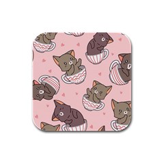 Seamless Pattern Adorable Cat Inside Cup Rubber Square Coaster (4 Pack) by Simbadda