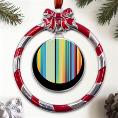 Colorful Rainbow Striped Pattern Stripes Background Metal Red Ribbon Round Ornament by Bangk1t