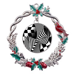 Op-art-black-white-drawing Metal X mas Wreath Holly Leaf Ornament by Bedest