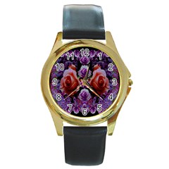 Night So Peaceful In The World Of Roses Round Gold Metal Watch by pepitasart