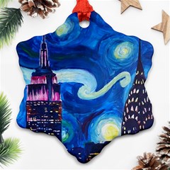 Starry Night In New York Van Gogh Manhattan Chrysler Building And Empire State Building Snowflake Ornament (two Sides) by Sarkoni