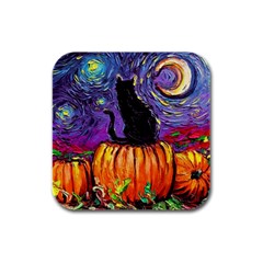 Halloween Art Starry Night Hallows Eve Black Cat Pumpkin Rubber Square Coaster (4 Pack) by Sarkoni