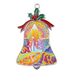 Multicolored Optical Illusion Painting Psychedelic Digital Art Metal Holly Leaf Bell Ornament by Bedest