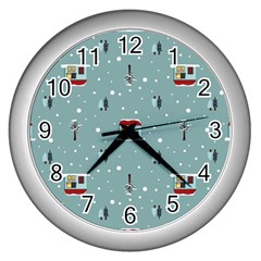 Seamless Pattern With Festive Christmas Houses Trees In Snow And Snowflakes Wall Clock (silver) by Grandong