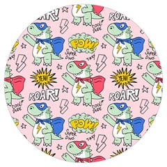 Seamless-pattern-with-many-funny-cute-superhero-dinosaurs-t-rex-mask-cloak-with-comics-style-inscrip Round Trivet by Ket1n9