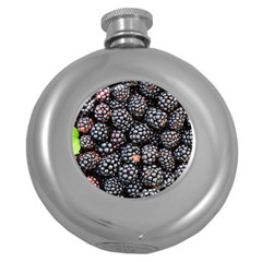 Blackberries-background-black-dark Round Hip Flask (5 Oz) by Amaryn4rt