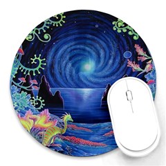 Psychedelic Mushrooms Psicodelia Dream Blue Round Mousepad by Modalart